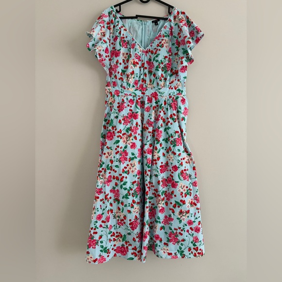 NWOT Ann Taylor Red Floral Aqua Blue V-neck Flutter Sleeve Cotton Midi Dress 12 - Picture 6 of 12